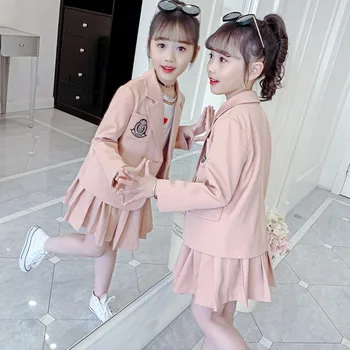 Bahar Yeni Kızlar Sevimli Pembe Blazer Takım Elbise Kampüs Tarzı İki parçalı çocuk Kore Batı Tarzı Tüm Maç Pamuk Takım Elbise Etek LB252
