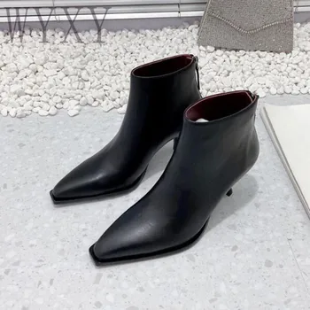 Bahar Yeni Moda Bayanlar Zarif kısa çizmeler Sivri Burun Geri Fermuar Gerçek Deri Basit yüksek Topuk Ayakkabı yarım çizmeler Kadın 2023