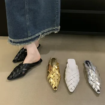 Bailamos Yaz Kadın Terlik Moda Örgü Sivri Burun Kayma Bayanlar Katır Ayakkabı Düz Topuk Sandalet Ayakkabı Elbise Slaytlar Mujer