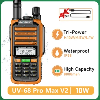 Baofeng UV-68 Pro Max V2 10W Walkie Talkie Turuncu IP68 Su Geçirmez 8800mah Tip C Şarj Yüksek Güç UV-S22 Pro UV-98 Pro Radyo