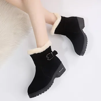 Bayan Ayakkabıları 2023 Sıcak Satış Ayak Bileği bayan Botları Sıcak Tutmak Kar Botları Kadın Kemer Tokası Yuvarlak Ayak Kayma Kare Topuk Ayakkabı Kadın