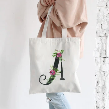 Bayan Çanta Bez Tuval Tote Çanta Çiçek Harfler Desen Alışveriş Seyahat Kadın Eko Kullanımlık Omuz Alışveriş Çantaları