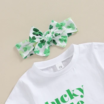 Bebek Bebek Kız Aziz Patrick Günü Kıyafet Mektubu Baskı kısa kollu tişört Yonca Şort Kafa Bandı 3 Adet Set