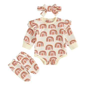 Bebek Kız 3 Parça Kıyafetler Gökkuşağı Baskı Uzun Kollu Romper ve Sevimli Kafa Bandı Çorap Yürümeye Başlayan Bebek Güz