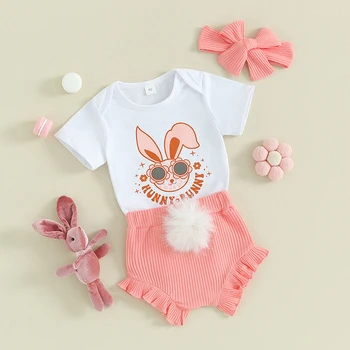 Bebek Kız 3 Parça Kıyafetler Tavşan Baskı Kısa Kollu Romper ve Ruffles Şort Sevimli Kafa Bandı yaz giysileri