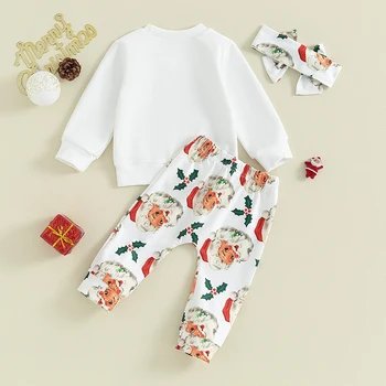 Bebek Kız Noel Kıyafetleri Toddler Santa Uzun Kollu Kazak Tops Kazak Pantolon Kafa Bandı Noel Giyim Seti