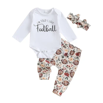 Bebek Kız Sonbahar Kıyafet Uzun Kollu Mektuplar Baskı Romper Futbol Çiçek Baskı Pantolon ve Kafa Bandı Giyim Seti