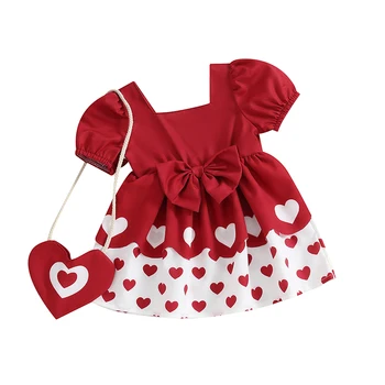 Bebek Kız yaz elbisesi Kalp Şeklinde Crossbody Çanta Toddler Kısa Kollu Kare Boyun Elbise Çocuklar Sevgililer Parti Düğün Giysileri