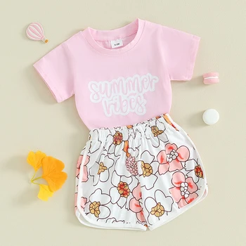 Bebek Yenidoğan Bebek Kız 2 Parça Kıyafet Mektubu Baskı kısa kollu tişört ve Elastik Çiçek şort takımı yaz giysileri