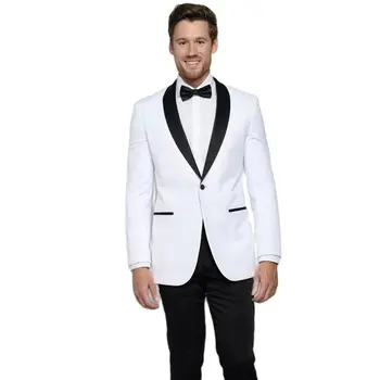 Beyaz Blazer Siyah Yaka Erkek Takım Elbise Düğün Smokin Klasik Fit Yakışıklı 2 Parça Blazer Pantolon Terzi Kostüm Homme Seti