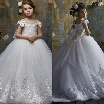 Beyaz Dantel Tül Çiçek Kız Elbise Düğün İçin Kat Uzunluk Kabarık Yay İle İlk Communion Prenses Doğum Günü Partisi Balo