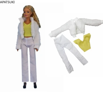 Beyaz Kürk Giyim Seti barbie bebek Kıyafetler Moda Ceket Sarı T-Shirt Pantolon Barbie 1/6 BJD Bebek Aksesuarları Çocuk Oyuncakları