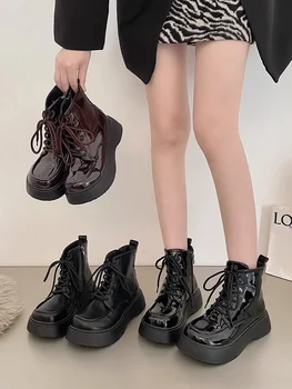 Beyaz Orta Buzağı Çizmeler Kadın ayakkabıları Sonbahar Çizmeler-Kadın Yuvarlak Ayak Düşük Orta Buzağı Kauçuk 2023 Siyah Med Lolita Kaya Tatlı Roma PU Retr