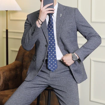 (Blazer + Pantolon)moda Erkek Takım Elbise Düğün Parti için İş ve günlük giysi Çentik Yaka Bir Düğme 2 Parça Slim Fit Kostüm Homme