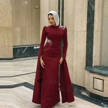 Bordo Kılıf Müslüman balo kıyafetleri O Boyun Uzun Kollu Arapça Dubai Örgün Parti Kıyafeti Boncuklu Kat Uzunluk Vestidos De Fiesta
