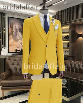 Bridalaffair erkek Takım Elbise 3 Adet İş Smokin Düğün Blazer Pantolon Yelek Pantolon Tek Göğüslü Resmi Düğün İçin