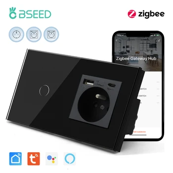 BSEED Zigbee 1/2 / 3Gang Dokunmatik Duvar Anahtarları Fransız Soket Tip-C USB Şarj Portu Tuya Akıllı Yaşam Alexa App Kontrolü Siyah