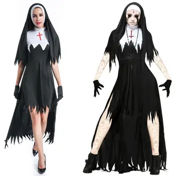 Cadılar bayramı Terörist Rahibe Kostüm Şeytan Korkunç Cosplay Kostümleri Uzun Elbiseler Bayan Spooktacular Kanlı Rahibe Cosplay süslü elbise