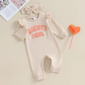 Carolilly Yenidoğan Bebek Kız Kıyafetler 2 Adet dış giyim Seti Babanın Kız Bulanık Mektup Nakış Uzun Kollu Romper Bodysuit