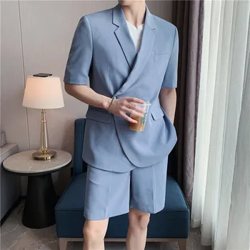 (Ceket+Pantolon) ingiliz Tarzı Yaz İnce Katı Kısa Kollu takım elbise Setleri Erkek Marka Rahat İnce Parti Ziyafet Elbise Setleri