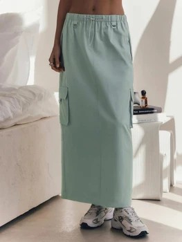 Cepler Moda Kargo Etekler Kadınlar İçin 2023 İpli Bel Bölünmüş Katı kadın Uzun Etek Vintage Casual Kadın Sonbahar Giysileri
