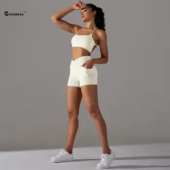 CHRLEISURE Güzel Geri yoga kıyafeti Kadın Çıplak Duygu Spor Seti Çapraz V Bel fitness şortu ile koşu sutyeni Spor Spor