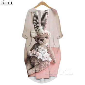 CLOOCL Kawaii Elbise peluş oyuncak Tavşan Grafik 3D Baskılı Rahat Uzun Kollu Cep Diz boyu Büyük Boy Elbiseler İlkbahar Yaz