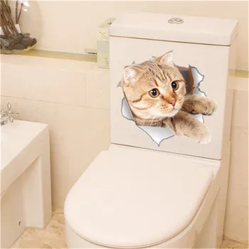Delik Görünümü Sevimli Kediler Tuvalet Sticker 3D Hayvan Pet Köpek Duvar Sticker Dekoratif Banyo Duvar çıkartmaları Kişilik