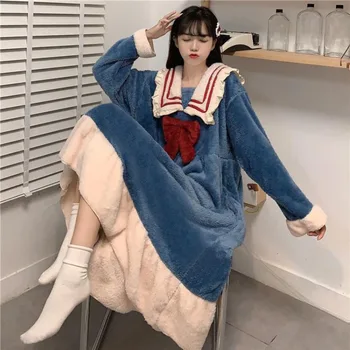 Denizci Yaka Gecelik Pijama Bayan Polar gece elbisesi Kış Tek Parça Pijama Kore Tarzı Yay Diz Boyu Ev Giyim 2023