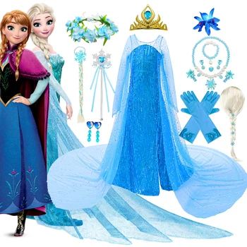 Disney Dondurulmuş Kızlar Prenses Mavi Elsa Sequins Maxi Cosplay Kostüm Fantezi parti elbisesi Rol oynamak Karnaval Çocuklar cadılar bayramı kıyafetleri