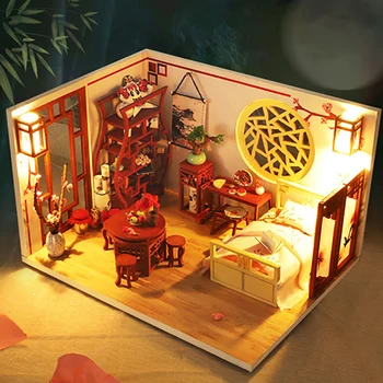 DIY ahşap bebek evleri minyatür yapı kitleri ile mobilya ışık çin antik Casa monte Dollhouse kız hediyeler için