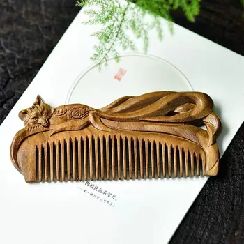 Doğal Ahşap El Oyması Yeşil Sandal Ağacı Zanaat Tarak Saç Tilki Masaj Tarak Vintage Saç Fırçası Şekillendirici Araçları sevgililer hediye