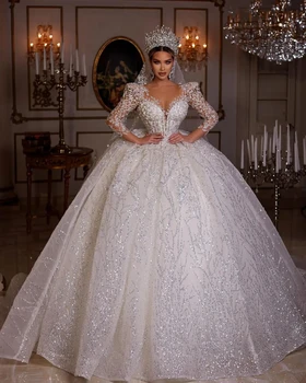 Dubai Lüks Uzun Kollu Gelinlik Balo Sheer Boyun Prenses Sequins Boncuk Kabarık Etek gelinlikler فستان الزفاف 2024