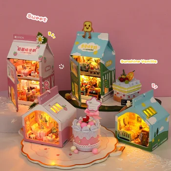 Dıy ahşap Mini kek çilekli süt Casa bebek evleri minyatür yapı kiti ile mobilya ışık Dollhouse oyuncaklar yetişkinler için hediye