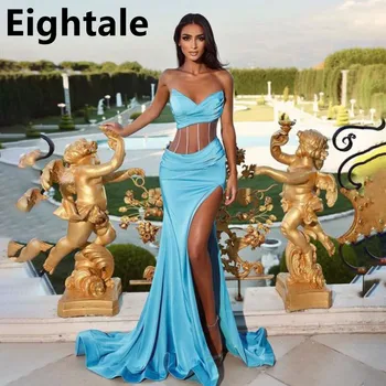 Eightale Mavi Mermaid balo kıyafetleri 2023 Sevgiliye Yan Yarık Parti Törenlerinde Özelleştirilmiş Arapça Kat Uzunluk gece elbisesi