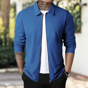 Erkek Ceket Ceket Waffle Doku Yaka Uzun Kollu Fermuar Placket Ceket Slim Fit Düz Renk Hırka Dış Giyim Erkekler Katı Ceket