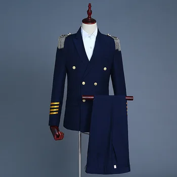 Erkek Kaptan Memuru Takım Elbise Parti Sahne Cosplay Blazer + Pantolon 2 Parça Set Erkek Püskül Epaulet Üniforma Kostümleri Denizci Takım Elbise Ceket