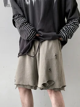Erkek Moda Yırtık Şort Unisex Boy Yaz Casual Streetwear Pantolon Unisex Hip Hop Koyu Gri Grunge Yarım Pantolon