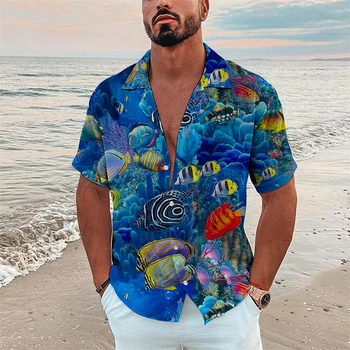 Erkek Yatak Açma Gömlek Balık Baskı Açık Sokak Kısa Kollu Düğmeli Üstleri Rahat Giyim Yaz Hawaii Gömlek Plaj Giyim
