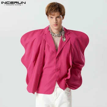Erkekler Düzensiz Blazer Katı Fırfır Yaka Uzun Kollu Gevşek Düğme Takım Elbise Erkek Streetwear 2023 Moda Rahat Mont S-5XL INCERUN