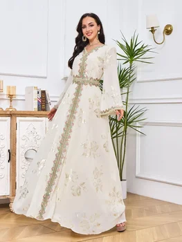 Fas Parti Elbise Kadınlar için Müslüman Kaftan Kuşaklı Nakış Abaya Ramazan Jalabiya Bayram Düğün Abiye Abayas Kaftan
