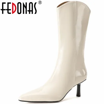 FEDONAS Moda Ince Yüksek Topuklu Kadın Orta Buzağı Çizmeler Sonbahar Kış Hakiki deri ayakkabı Kadın Parti Ofis Bayan Batı Çizmeler