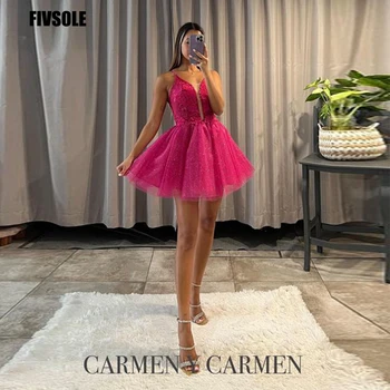 Fivsole Glitter Tül balo kıyafetleri A-Line Kısa / Mini Spagetti Sapanlar Vestidos De Fiesta Elegantes Para Mujer 2023 Parti Elbiseler