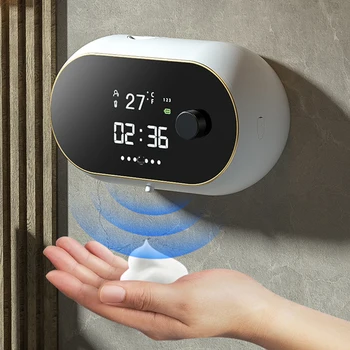 Fotoselli Otomatik köpük sabun sabunluğu Zaman Sıcaklık Göstergesi USB Şarj Su Geçirmez Otomatik İndüksiyon Sıvı Sabunluk