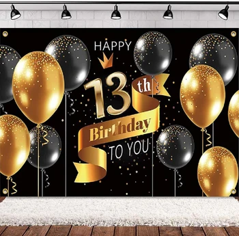 Fotoğraf Backdrop Afiş Mutlu 13th Doğum Günü Partisi Arka Plan Dekorasyon Malzemeleri Çocuklar İçin-Siyah Altın Balon Posteri
