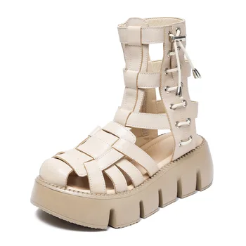 Fujin 5.5 cm kadın Çizmeler Hakiki Deri Yaz Sandalet Terlik ROMA Klasik Temel Bayan Platformu Kama Ayak Bileği ZİP Ayakkabı