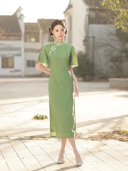 FZSLCYIYI Açık Yeşil Seksi Jakarlı Saten Qipao Zarif Kısa Kollu Çin Cheongsam Retro Günlük Akşam Elbise