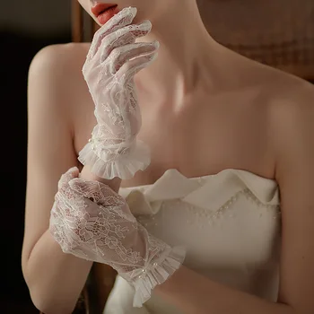 Gelin düğün elbisesi Dantel Kore Fransız Kısa Şeffaf Şeffaf Zarif Dantel Zımbalanmış İnci Eldiven