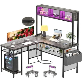 Geri dönüşümlü L Şeklinde Köşe Masası Depolama Rafları ve Çanta Endüstriyel Ev Ofis Masası Oyun Masası USB Portu İle Bilgisayar