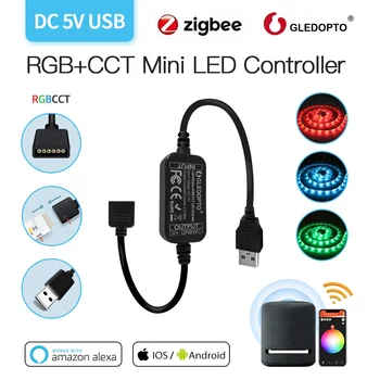 Gledopto Zıgbee DC5V Mini RGBCCT Denetleyici 2m LED Şerit İşık İçin Fit TV arkaplan ışığı İle Çalışmak SmartThings SmartLife APP Kontrolü
